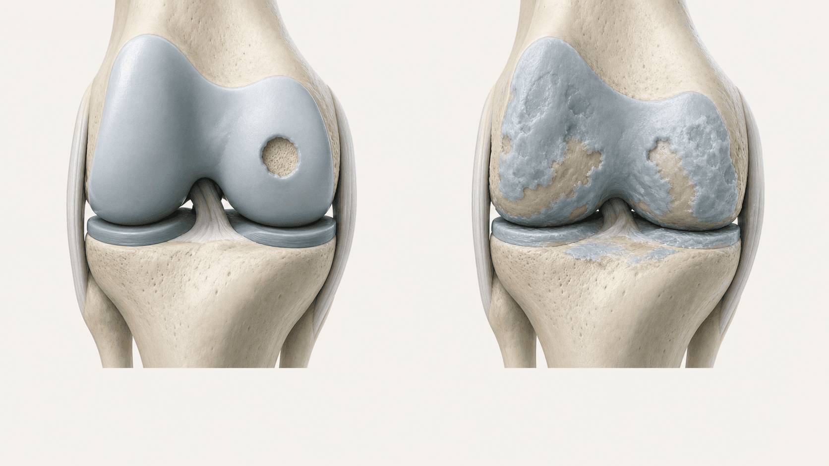 Two knee joints: one contained cartilage defect on the left, wear spread across the surface on the right