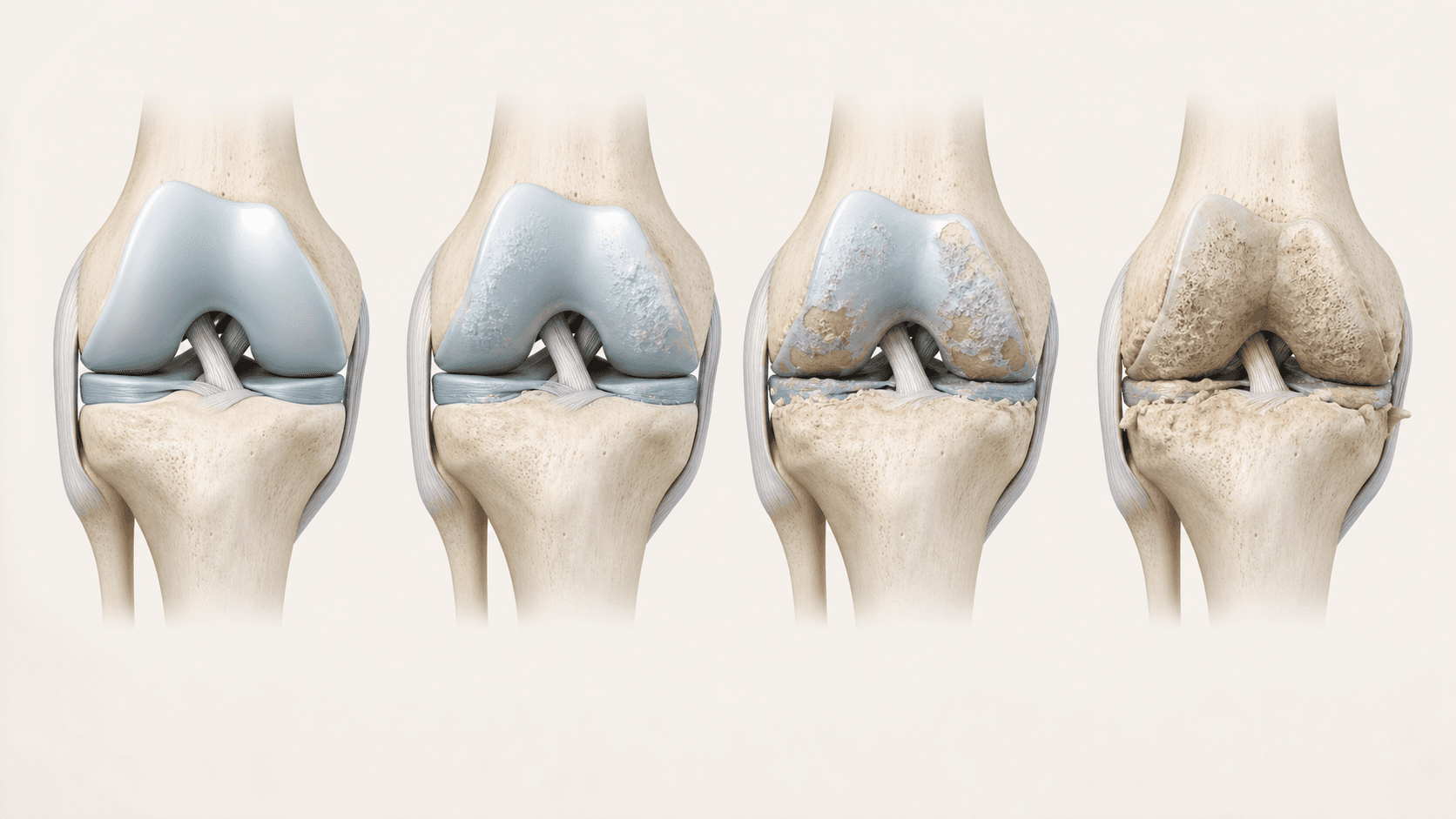 Knee joints showing progressive cartilage thinning across the whole surface through to bone-on-bone