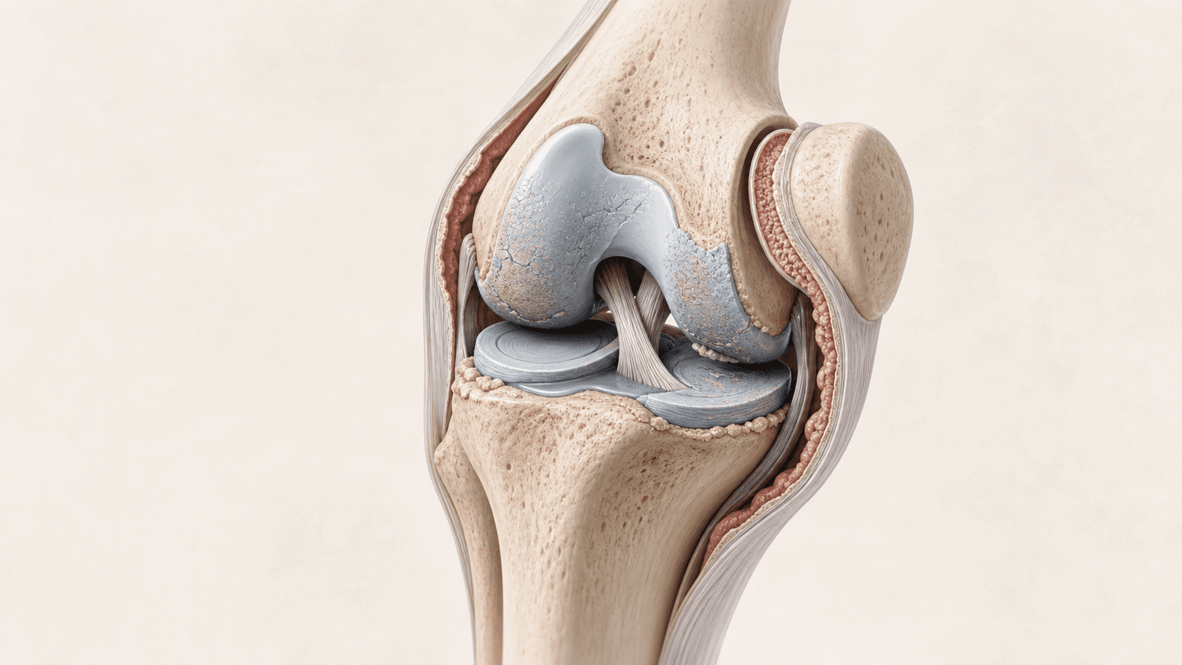 Cutaway knee joint showing cartilage thinning, a narrowed joint space, an irritated joint lining and marginal bone change